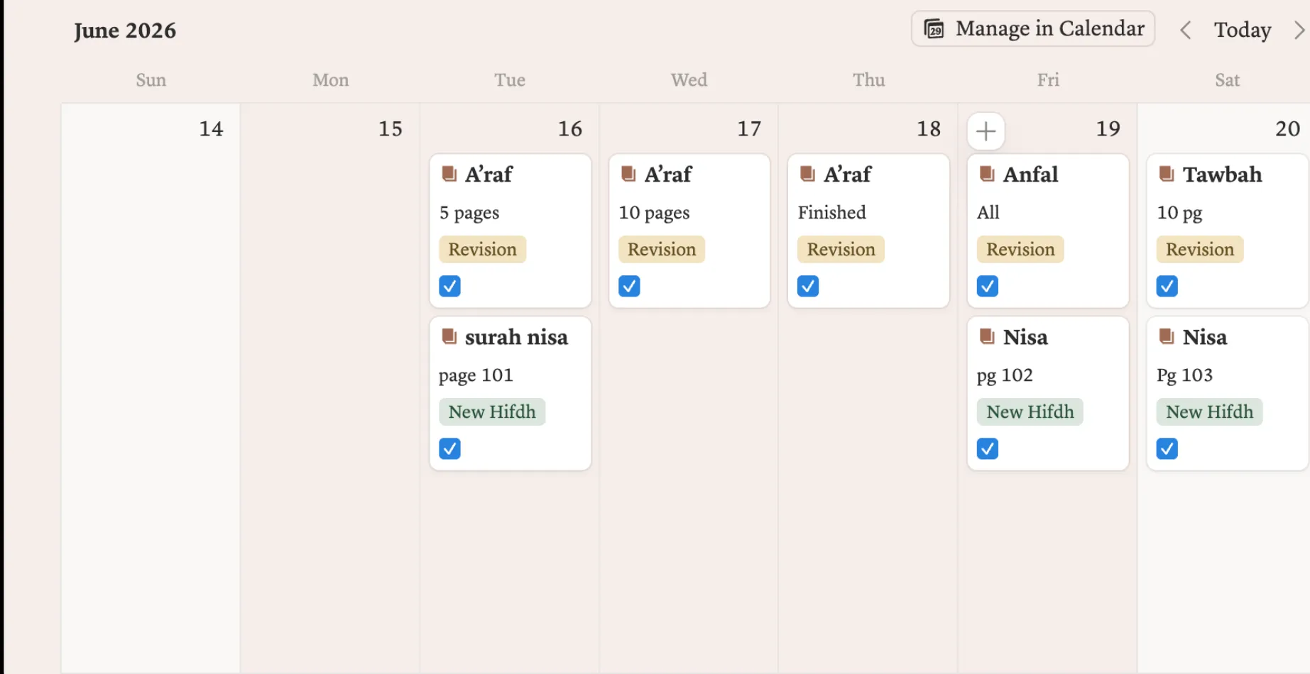 The weekly calendar showing what was memorized and revised each day